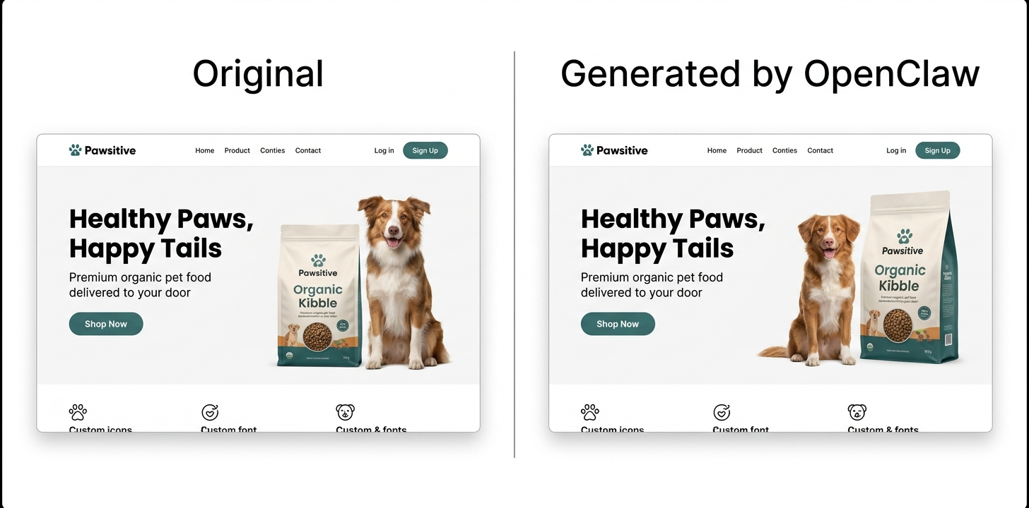 OpenClaw AI generates a branded Amazon landing page in 10 minutes compared to original design