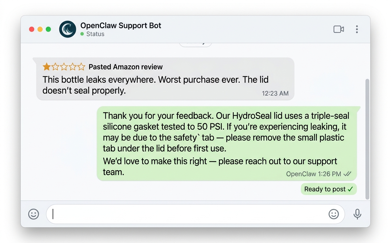 OpenClaw drafts professional Amazon review responses that address negative feedback with product facts