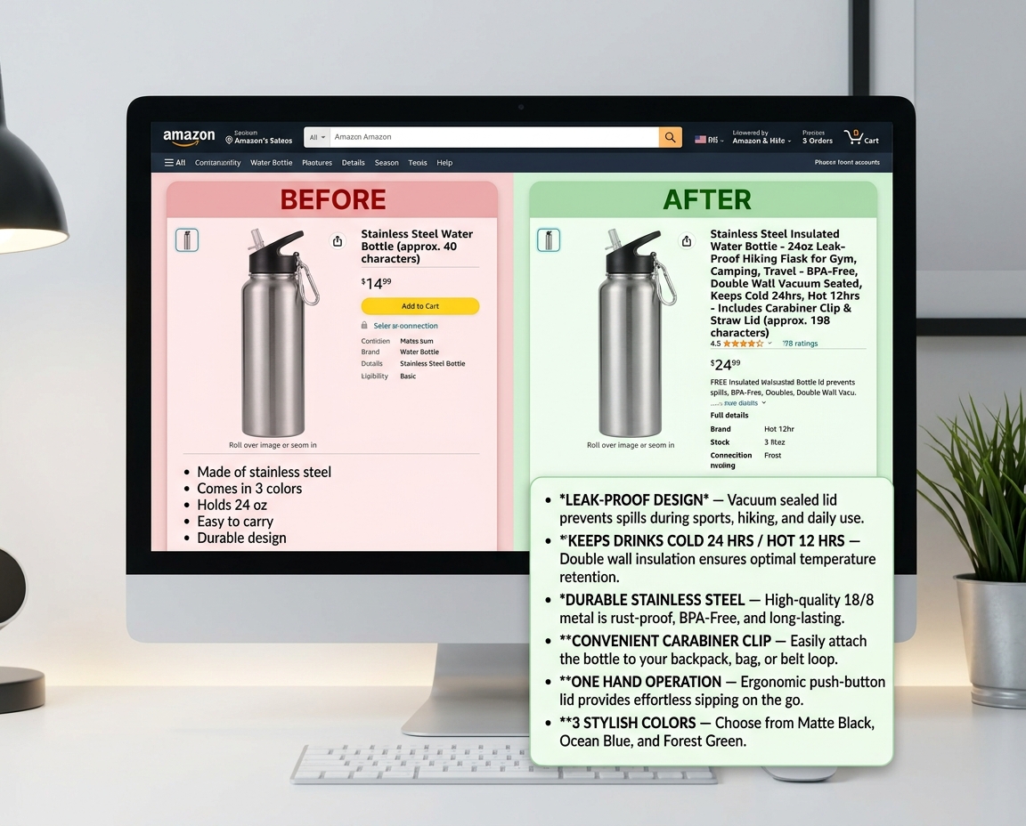 Amazon listing optimization tool powered by OpenClaw showing before and after keyword integration