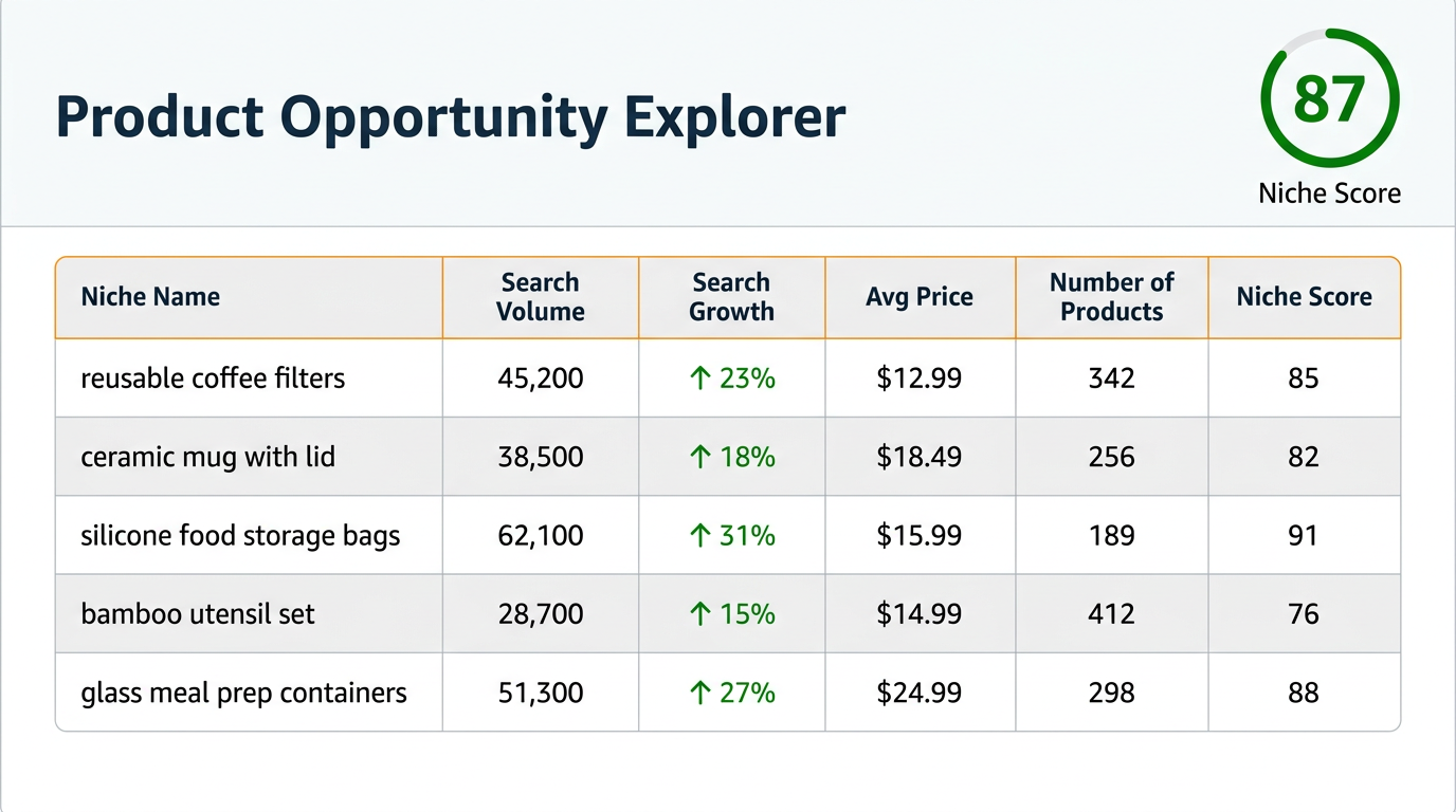 Amazon Product Opportunity Explorer dashboard showing niche scores, search volume, and competition metrics for Amazon product research