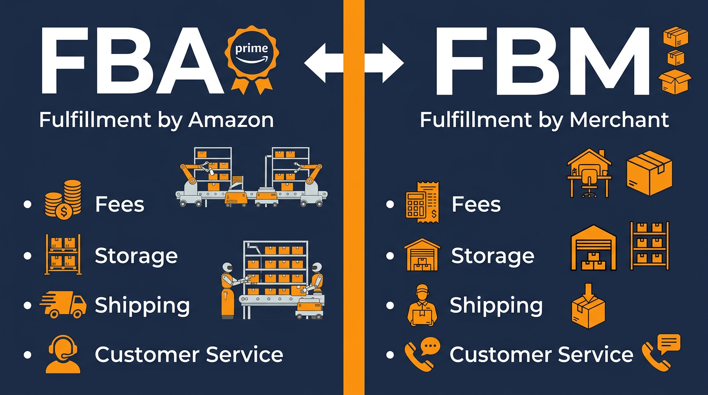 Amazon FBA vs FBM comparison infographic showing fulfillment differences for new Amazon sellers