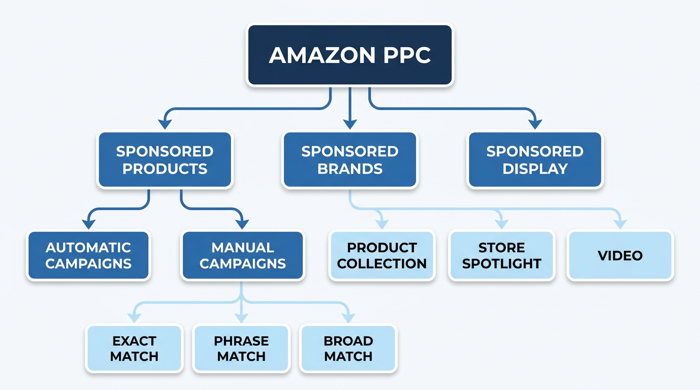 Amazon PPC campaign structure flowchart showing Automatic campaigns, Manual campaigns with Exact, Phrase, and Broad match types, and Sponsored Brands hierarchy