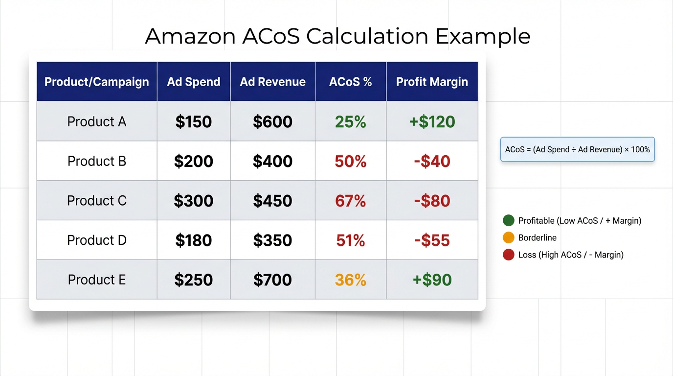 Amazon ACoS calculation example showing Ad Spend, Ad Revenue, ACoS percentage, and Profit Margin with color-coded profitability indicators