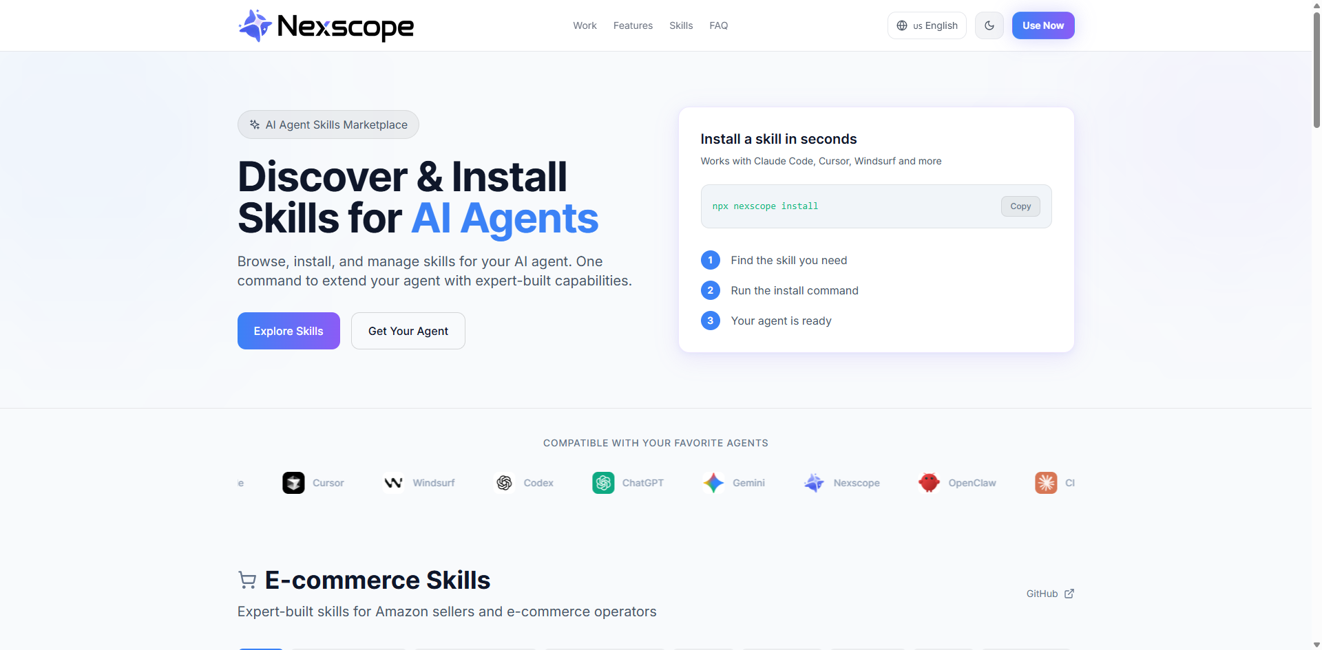 Nexscope SkillHub - AI Agent Skills Marketplace with 200+ skills for e-commerce and Amazon sellers