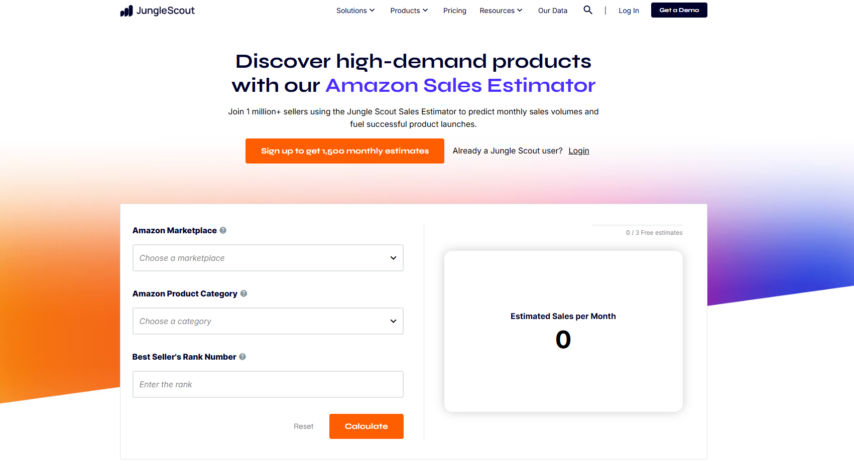 Jungle Scout Sales Estimator interface showing Amazon Marketplace dropdown, Product Category selection, and BSR input field with Estimated Sales per Month display