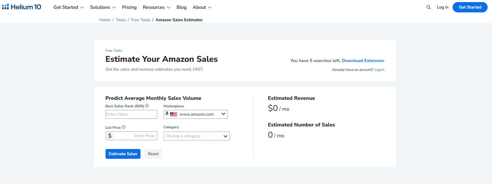 Helium 10 Sales Estimator showing BSR input, Marketplace selection, Category dropdown, List Price field, with Estimated Revenue and Number of Sales output