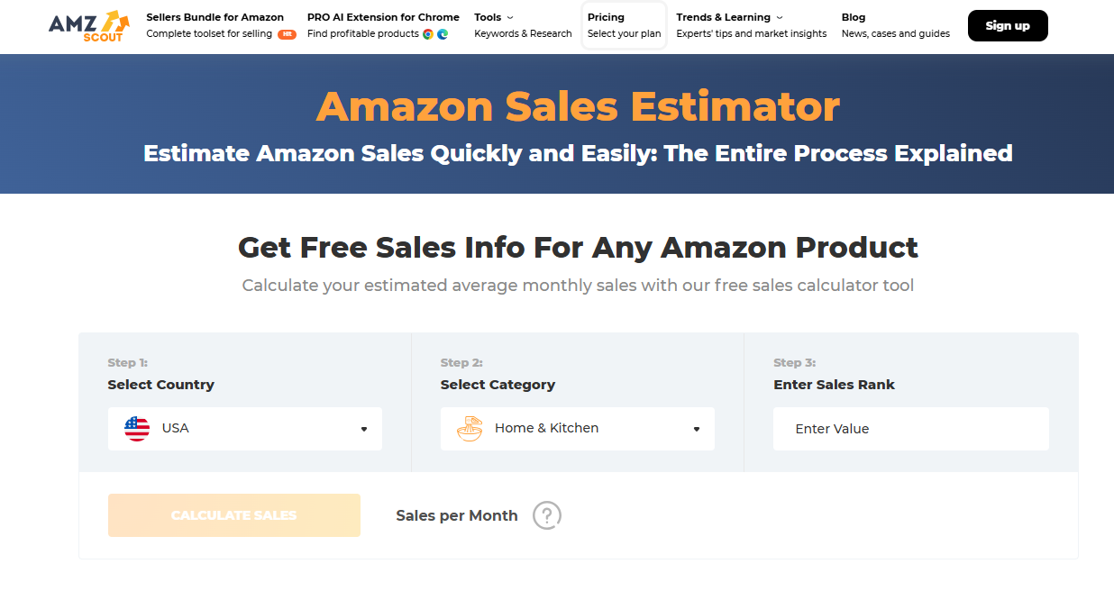 AMZScout Sales Estimator with 3-step process: Select Country, Select Category, Enter Sales Rank, showing Calculate Sales button and Sales per Month output