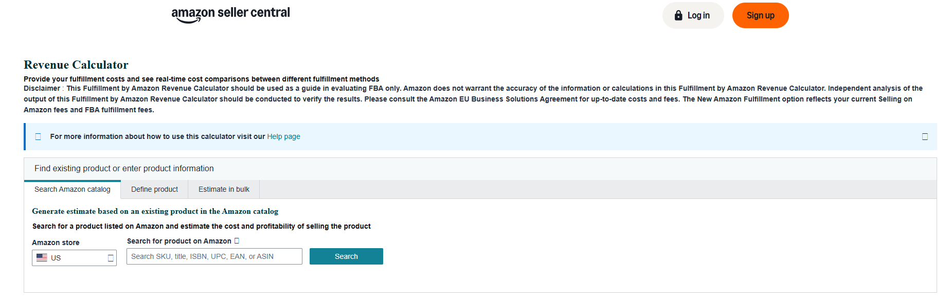 Amazon Seller Central Revenue Calculator showing product search by SKU, title, ISBN, UPC, EAN, or ASIN with Amazon store selection and Search button