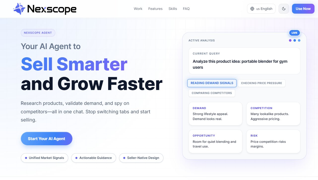 Nexscope AI Agent homepage showing product analysis interface with demand signals, competition insights, and opportunity assessment