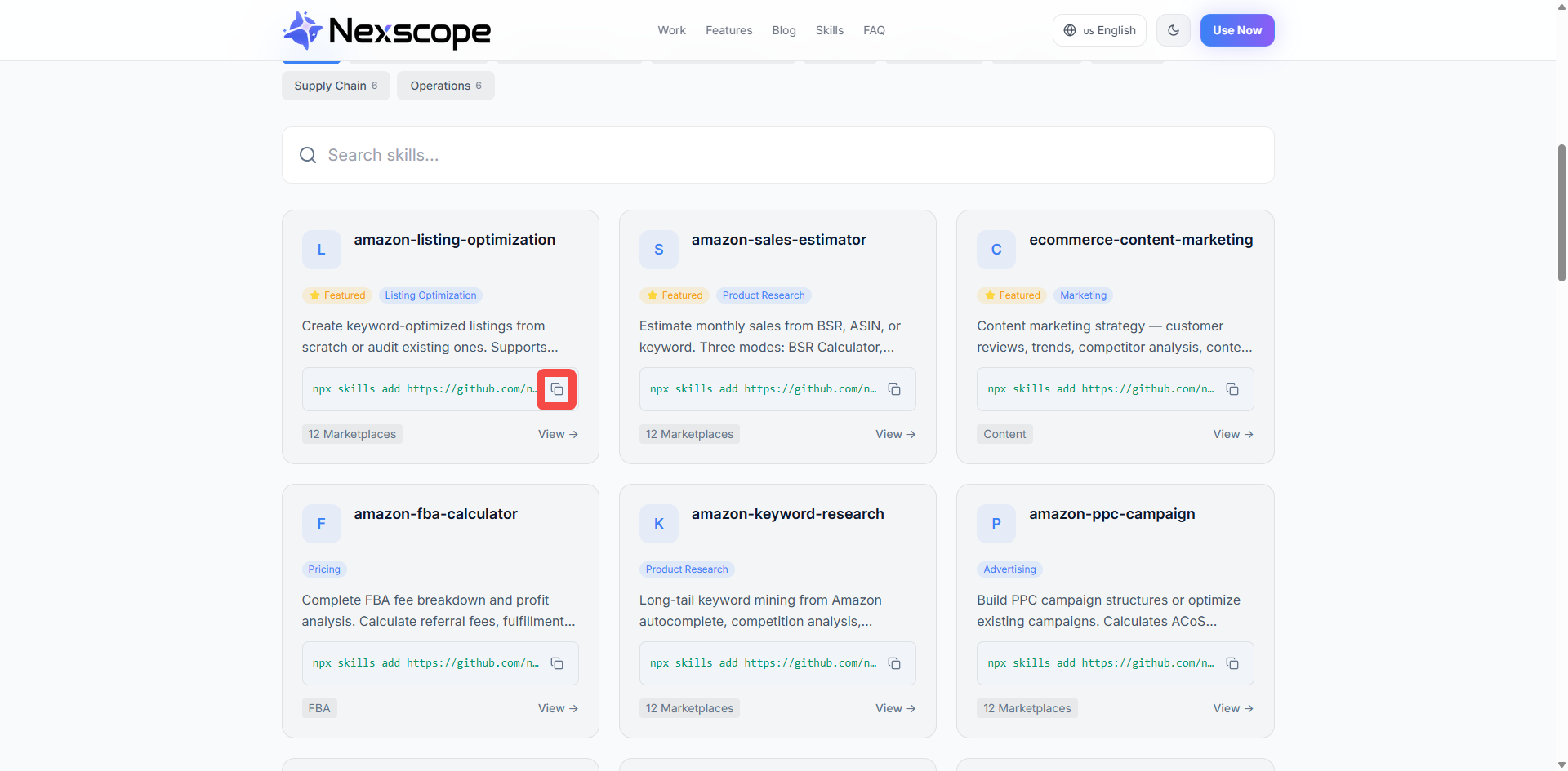 Nexscope SkillHub showing e-commerce skills with copy-to-clipboard install commands for each skill