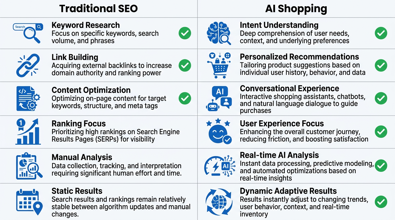 Comparison between Traditional SEO and AI Shopping models showing key differences