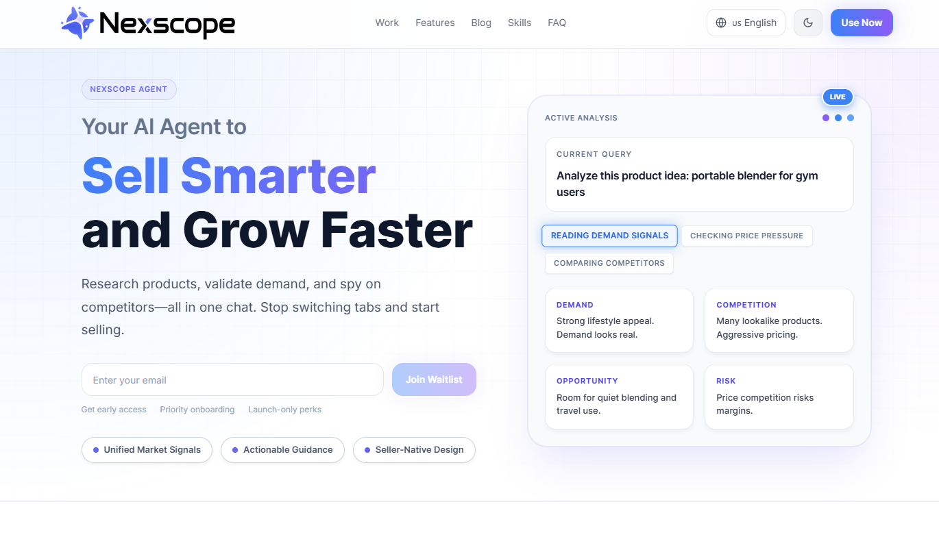 Nexscope Agent landing page showing AI-powered product research and competitor analysis for e-commerce sellers
