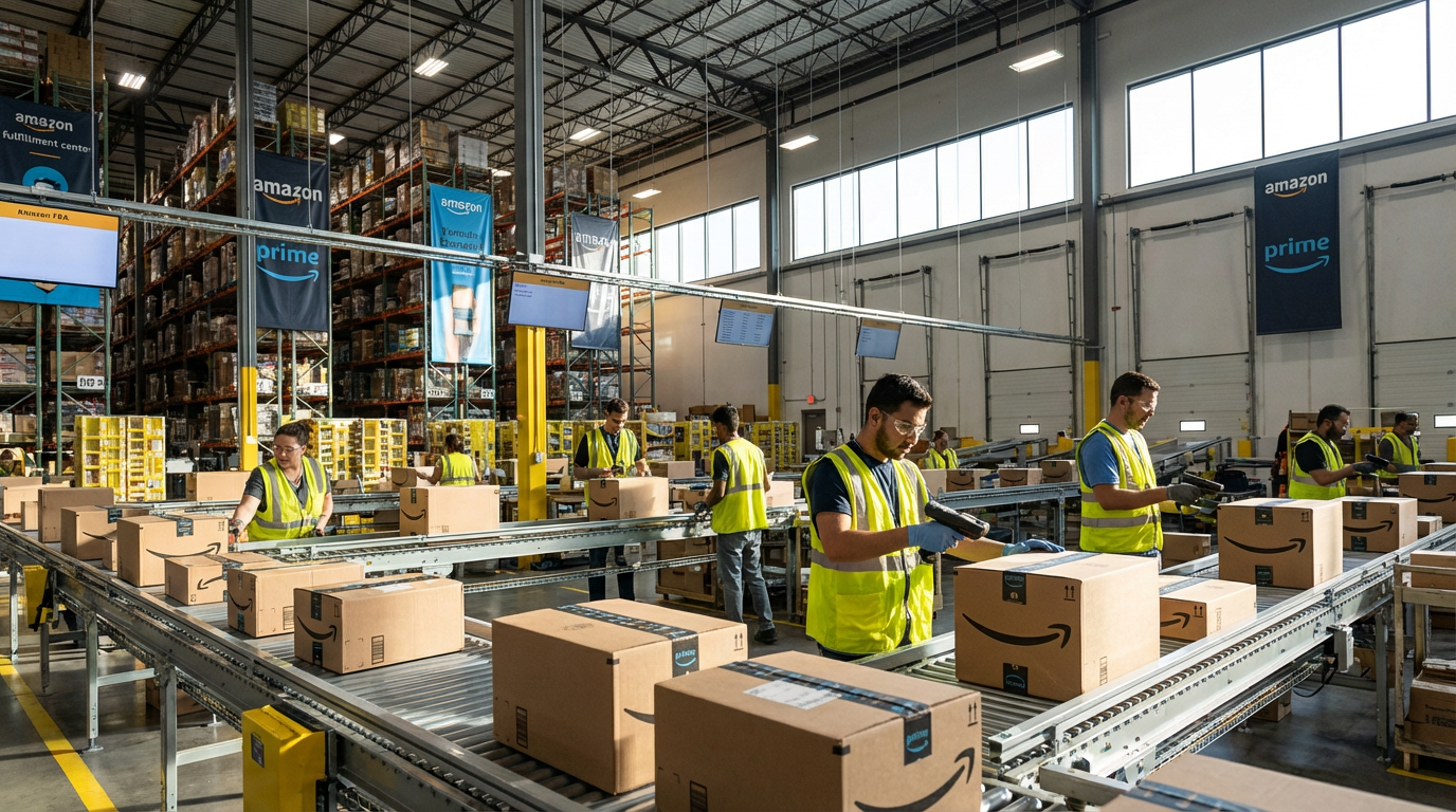 Amazon FBA fulfillment center warehouse with workers processing packages and conveyor belts moving Amazon Prime boxes
