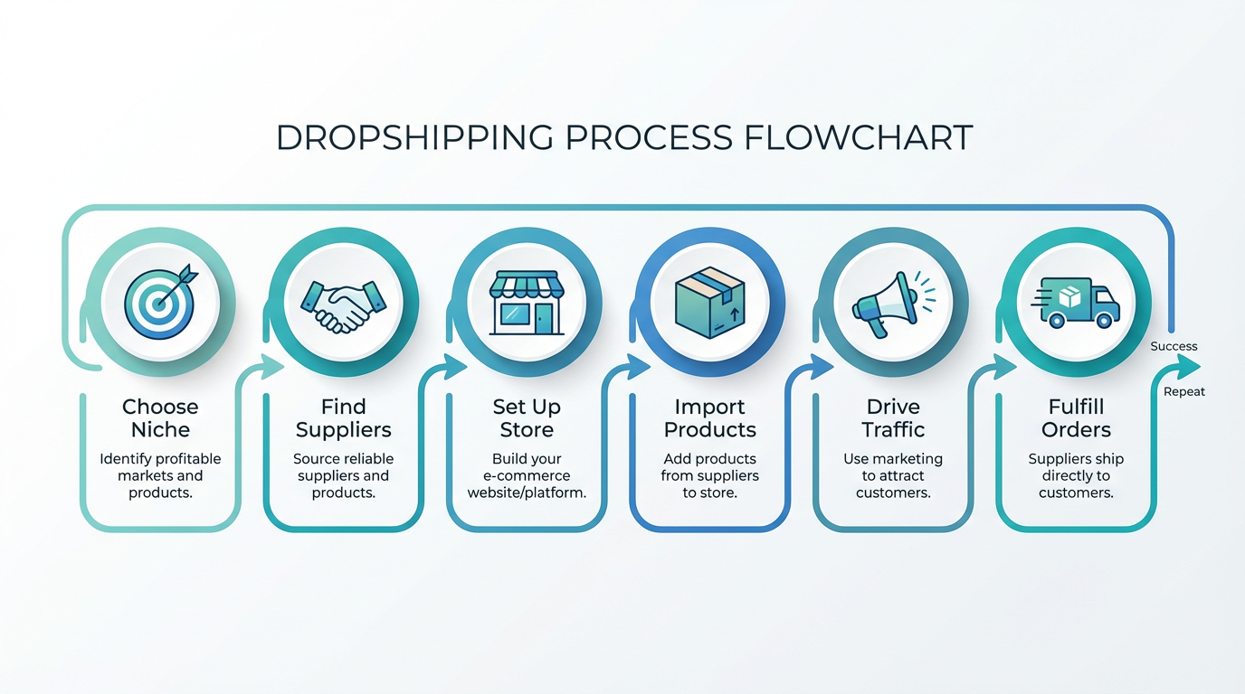 Dropshipping process flowchart showing 6 steps: Choose Niche, Find Suppliers, Set Up Store, Import Products, Drive Traffic, Fulfill Orders