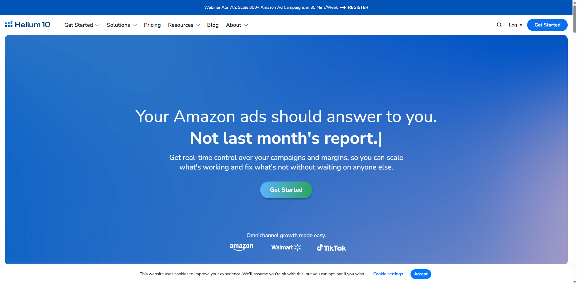 Helium 10 homepage showing Amazon ads management and omnichannel growth features