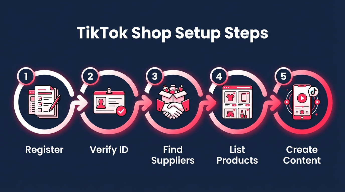 TikTok Shop setup flow: Register, Verify, Find Suppliers, List Products, Create Content