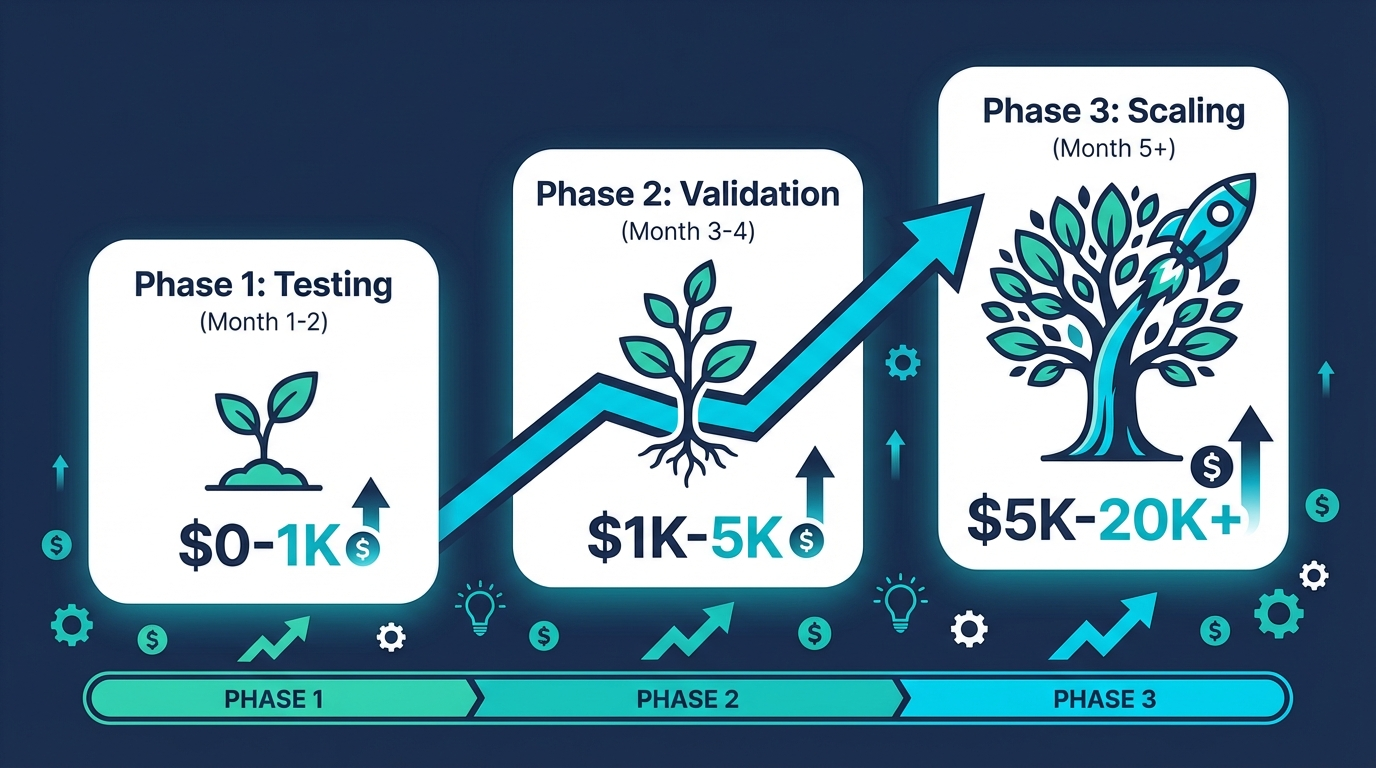 TikTok Shop growth phases: Testing ($0-1K), Validation ($1K-5K), Scaling ($5K-20K+)