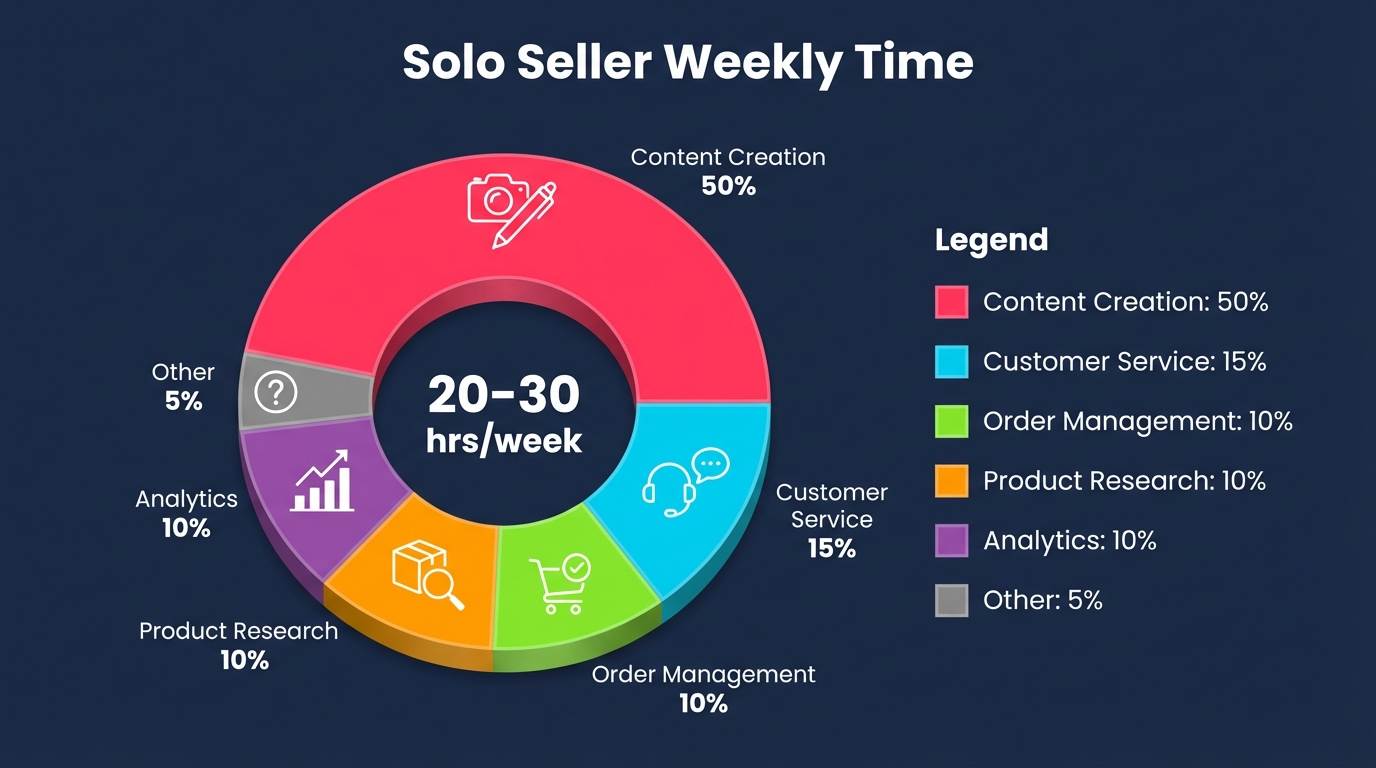 Solo seller weekly time allocation: Content 50%, Customer Service 15%, Orders 10%, Research 10%