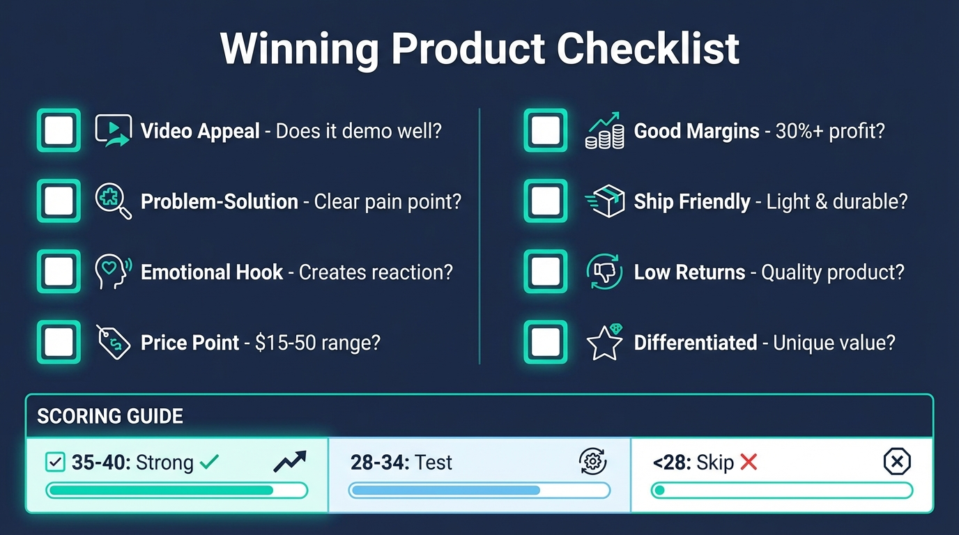 Winning product checklist: Video Appeal, Problem-Solution, Emotional Hook, Price Point, Margins
