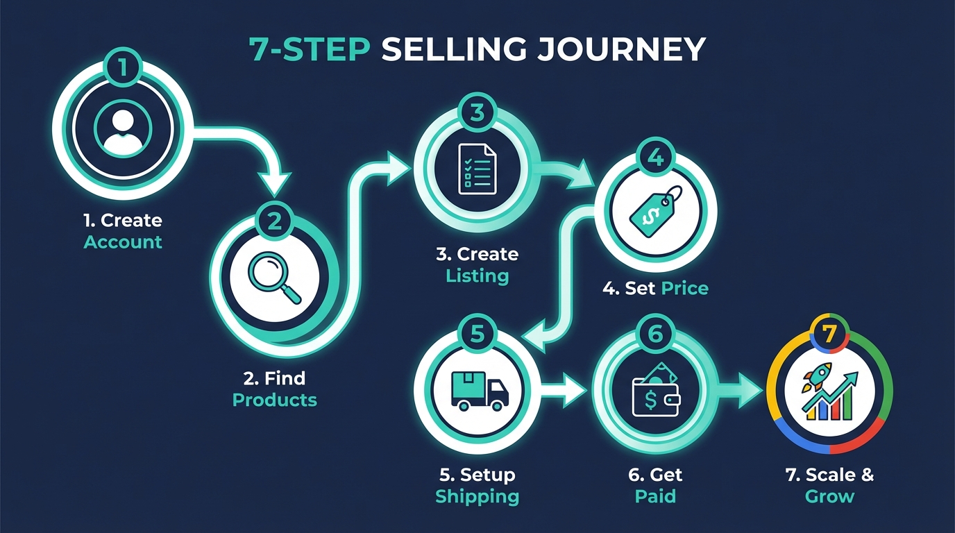 7 steps to sell on eBay: Account, Products, Listing, Price, Shipping, Payment, Scale