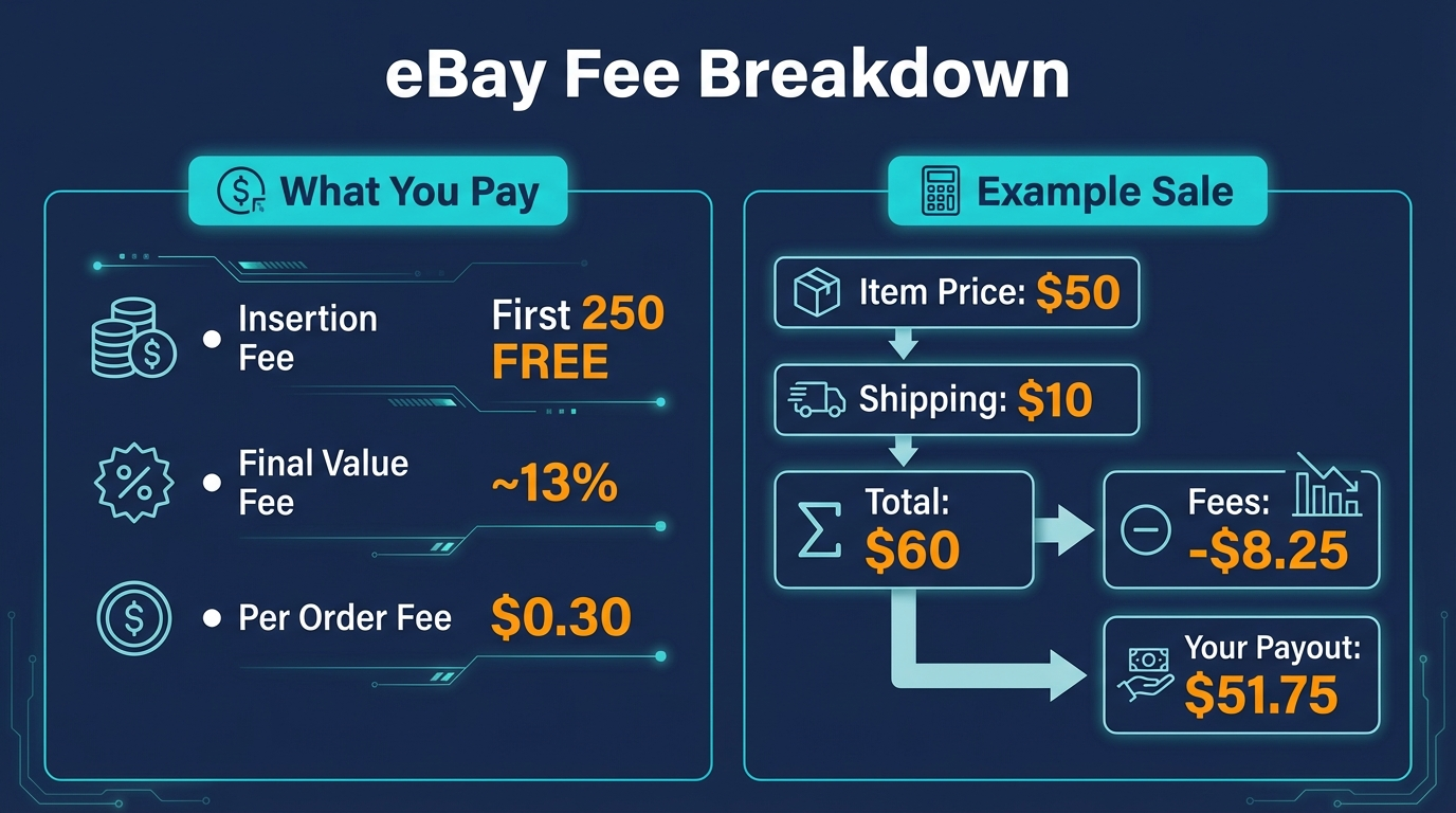 eBay fee breakdown: insertion fees, final value fees, example calculation