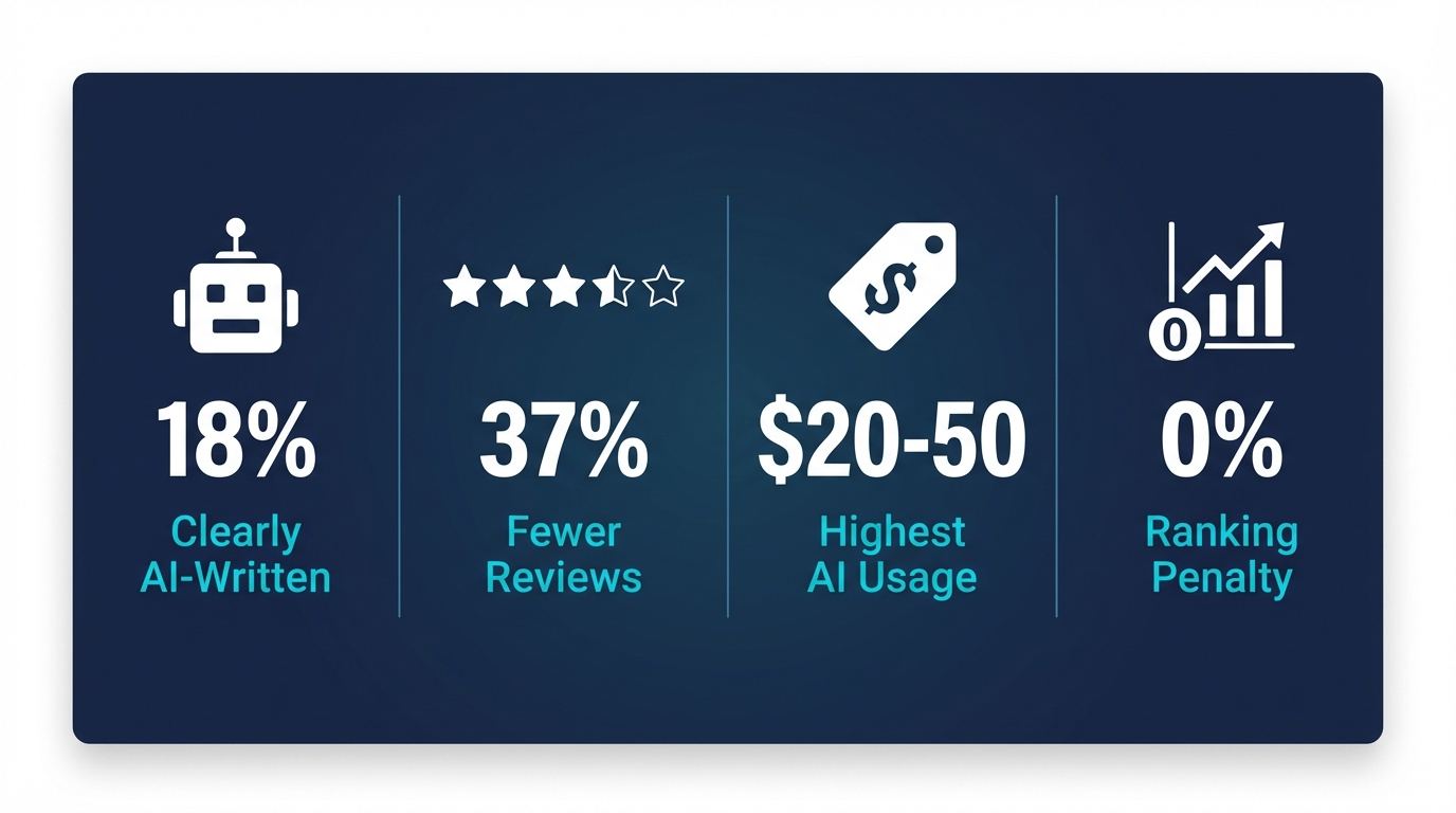 Key stats: 18% AI-written, 37% fewer reviews, $20-50 highest usage, 0% ranking penalty