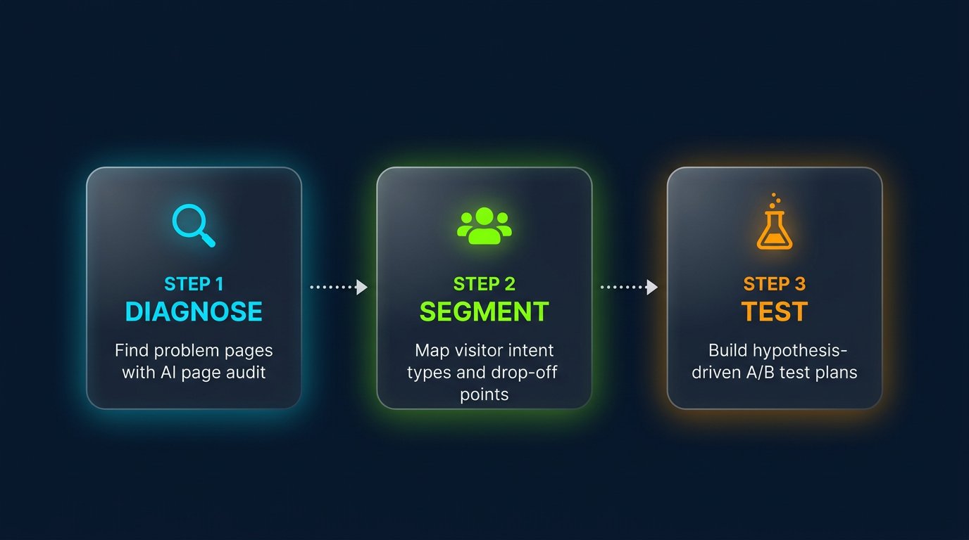 AI-powered ecommerce CRO 3-step workflow: Step 1 Diagnose to find problem pages, Step 2 Segment visitors by intent, Step 3 Test with hypothesis-driven plans
