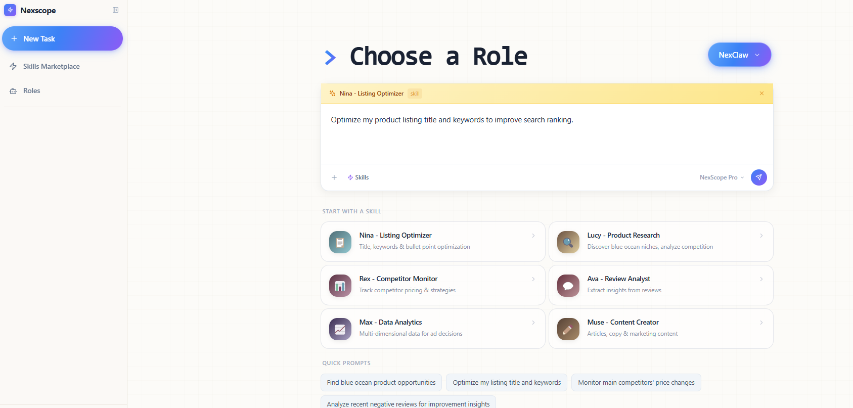 Nexscope AI agent interface with product research, competitor monitoring, and listing optimization