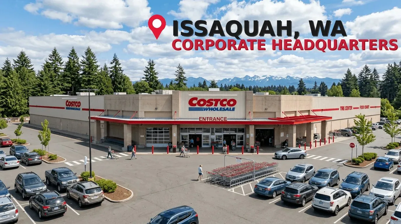 Costco Wholesale store at Issaquah, Washington - Corporate Headquarters location with Cascade Mountains in background