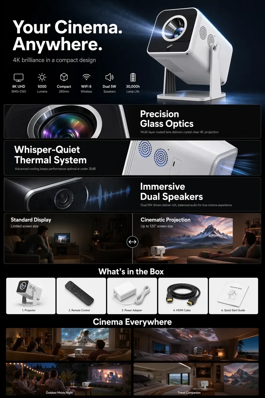 GPT Image 2 generated e-commerce detail page showing projector product with hero section, features, and specifications in premium Apple-style layout