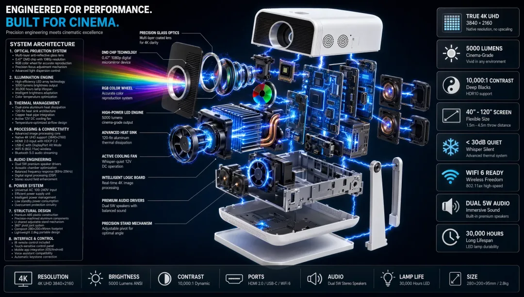 GPT Image 2 exploded cutaway diagram of a projector showing internal components with technical labels and specifications on dark background