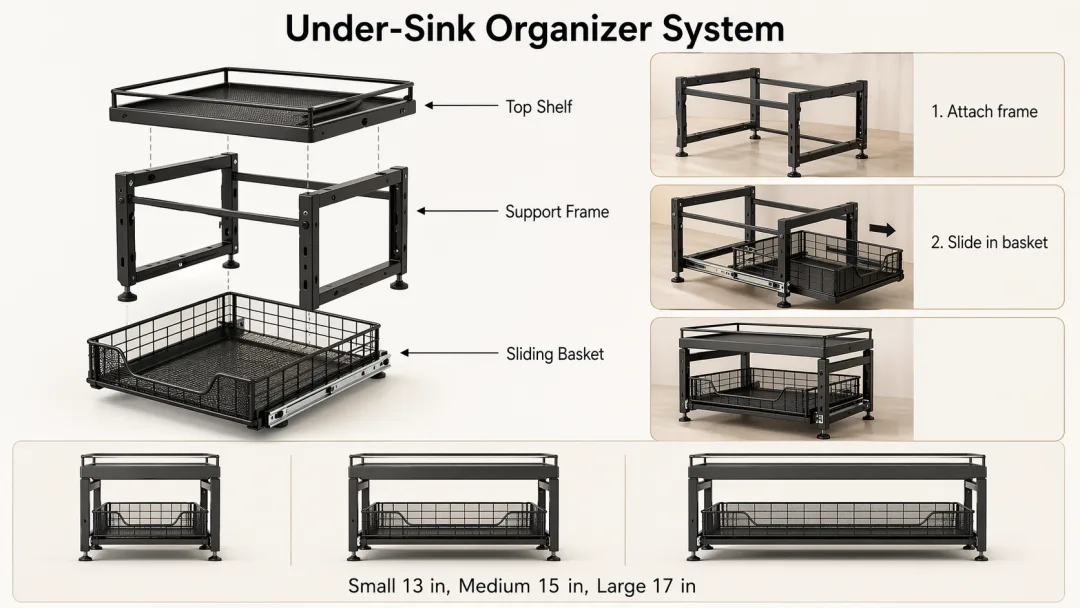 GPT Image 2 Amazon A+ infographic module for under-sink organizer showing exploded view, installation steps, and size comparison