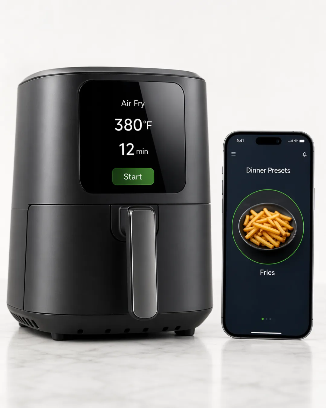 GPT Image 2 smart air fryer with screen display and mobile app UI showing synchronized controls and accurate text rendering
