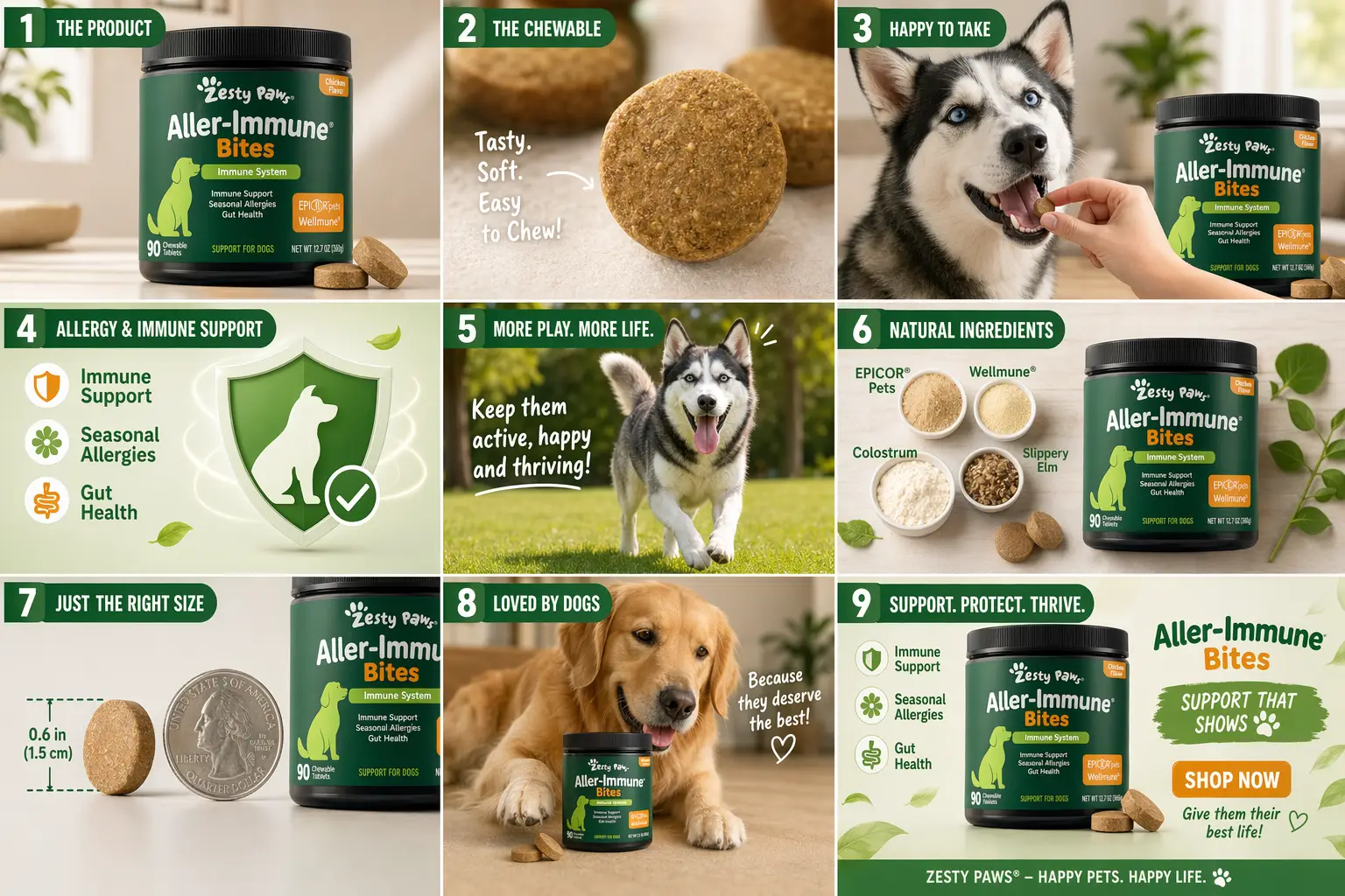 GPT Image 2 TikTok 3x3 storyboard for pet supplement showing product shots, usage scenes, ingredients, and call-to-action frames