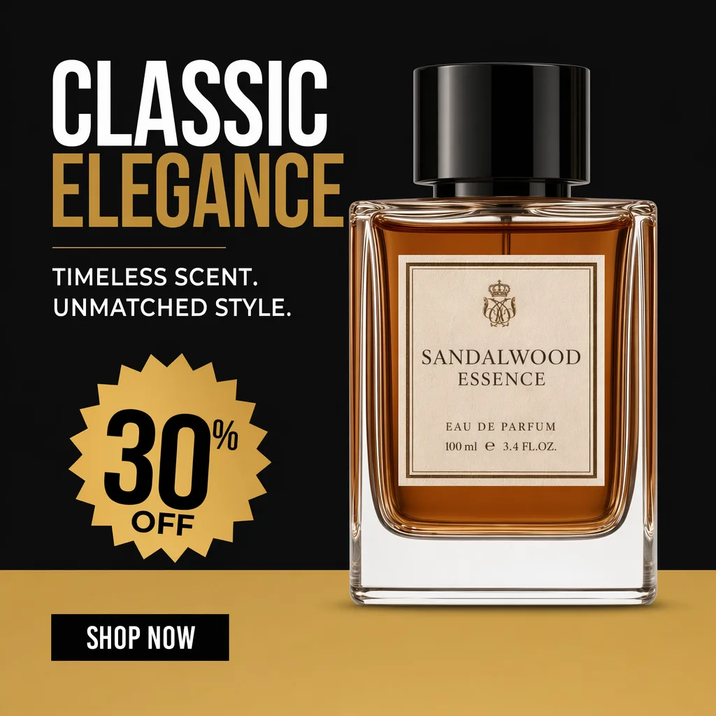 GPT Image 2 US-style promotional poster for perfume with clean typography, 30% off badge, and shop now CTA