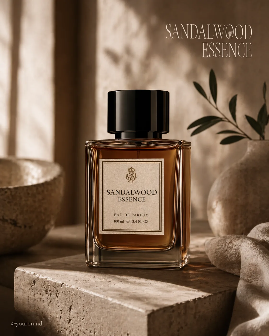 GPT Image 2 Pinterest lifestyle image showing perfume bottle in warm natural setting with stone textures and olive branches