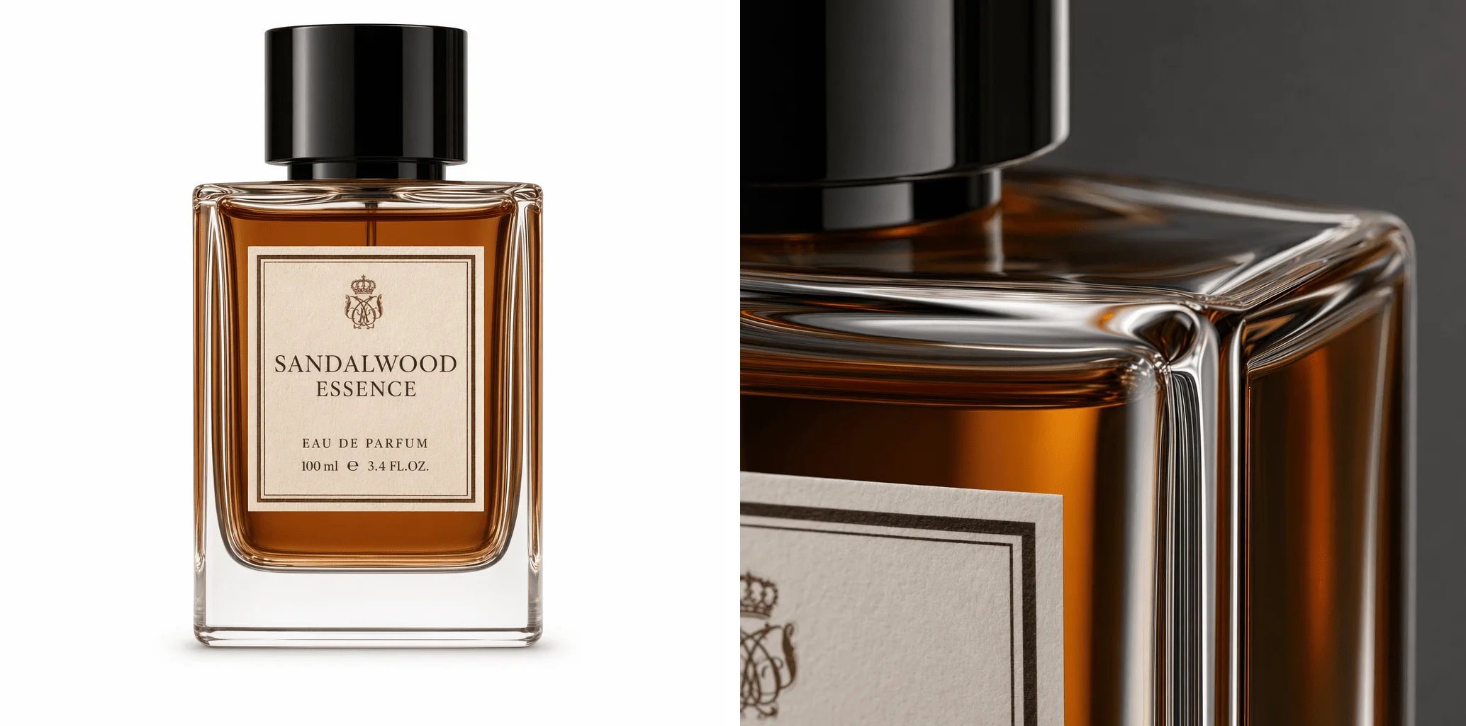 GPT Image 2 material detail comparison showing perfume bottle with photorealistic glass texture and macro close-up of cap threading