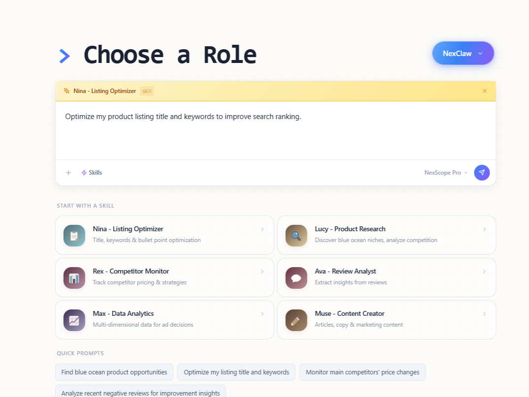 Nexscope AI agent ecommerce workspace for product research, competitor analysis, and listing optimization
