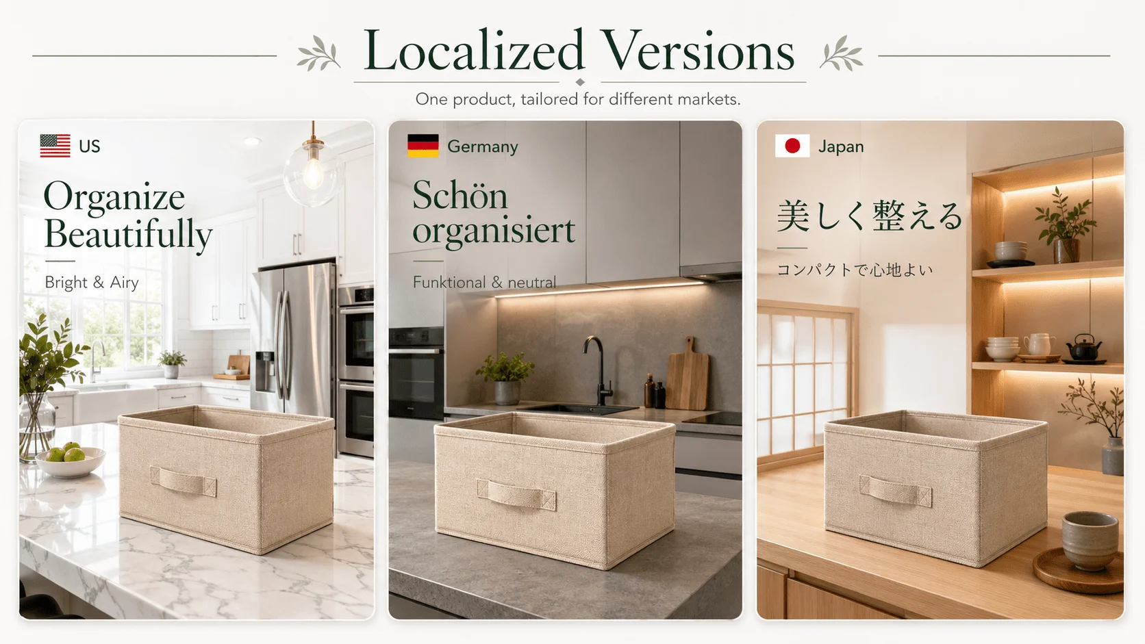 GPT Image-2 ecommerce product photography - localized versions for US, Germany, and Japan markets
