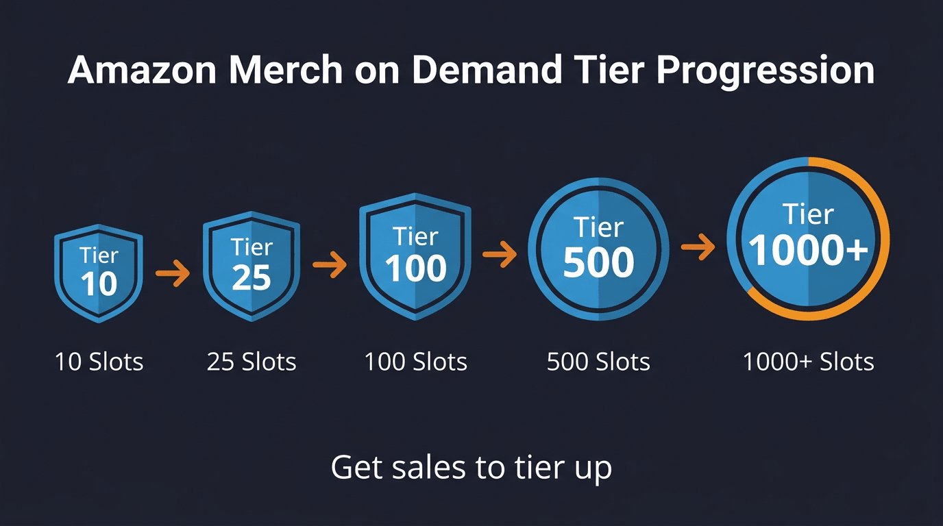 Amazon Merch on Demand tier progression - from Tier 10 to Tier 1000+